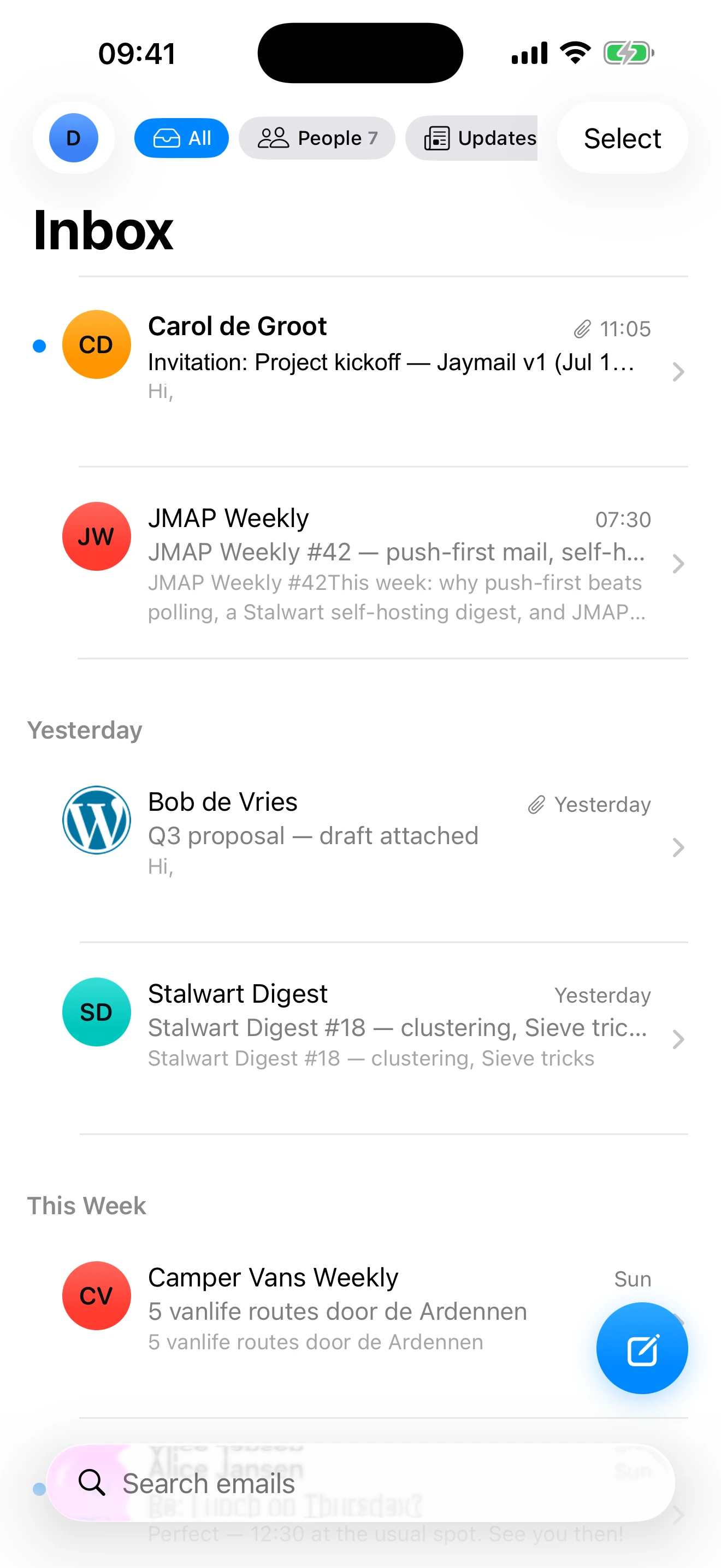 Actual Jaymail inbox on iOS, using fictional demo mail.